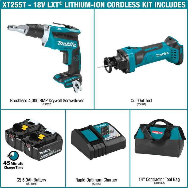 Kit combo Makita 18V LXT de iones de litio inalámbrico de 2 piezas (atornillador de paneles de yeso sin escobillas/herramienta de corte) de 5.0Ah - XT255T