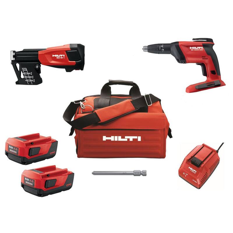Juego de destornillador para tablaroca inalámbrico sin escobillas Hilti de 22 voltios SD 4500 con cargador, (2) baterías de 4 Ah, puntas, revista de tornillos y bolsa - 3661501.