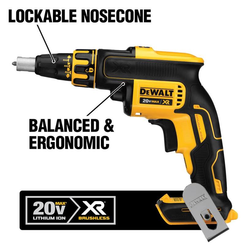 DEWALT 20V MAX XR Atornillador de Paneles de Yeso Inalámbrico con Motor sin Escobillas y Accesorio para Tiras, (2) Baterías de 20V 2.0Ah y Cargador - DCF620CM2