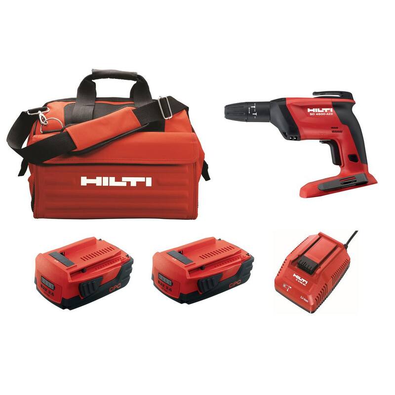 Juego de atornillador de paneles de yeso Hilti 22-Volt inalámbrico sin escobillas SD 4500 con cargador, (2) paquetes de baterías de 2.6 Ah, puntas y bolsa - 3661502
