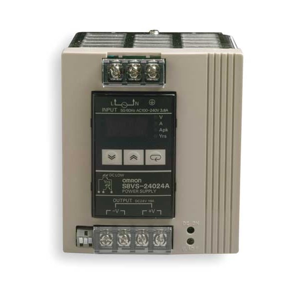 Omron DC Power Supply, 100/240V AC, 24V DC, 240W, 10A, DIN Rail - S8VS-24024A