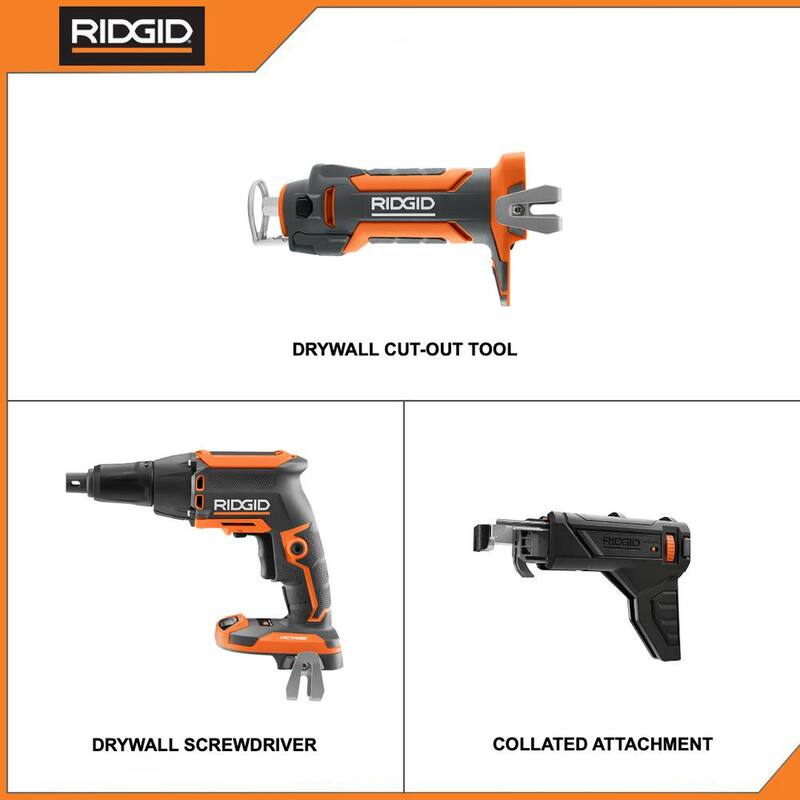 Atornillador inalámbrico RIDGID 18V sin escobillas para paneles de yeso con accesorio para cinta con herramienta para recorte de paneles de yeso de 18V (solo herramientas) - R86630B-R84730B.