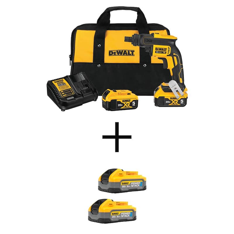 DEWALT 20-Volt Max XR Atornillador inalámbrico de paneles de yeso sin escobillas con carcasa de embrague roscado (2) 5Ah Powerstack y (2) 5Ah baterías - DCF624P2WP520-2.
