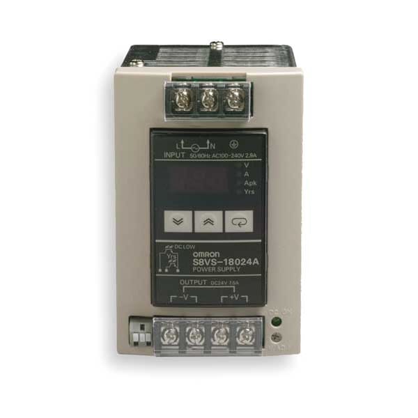 Omron DC Power Supply, 100/240V AC, 24V DC, 180W, 7.5A, DIN Rail - S8VS-18024A