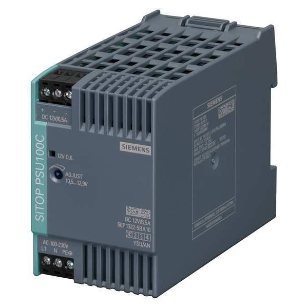 Siemens DC Power Supply, 110/300V DC; 120/230V AC, 12V DC, 78W, 6.5A, DIN Rail - 6EP13225BA10