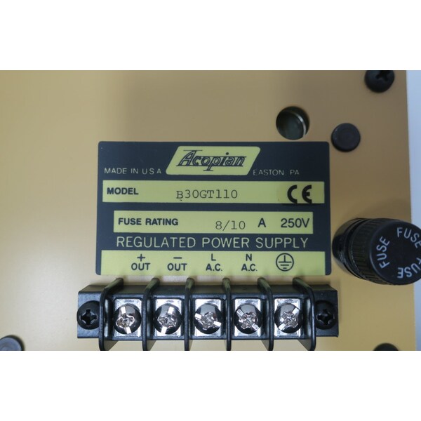 Acopian Power Supply, 105 to 125V AC, 30V DC, 1.1A - B30GT110