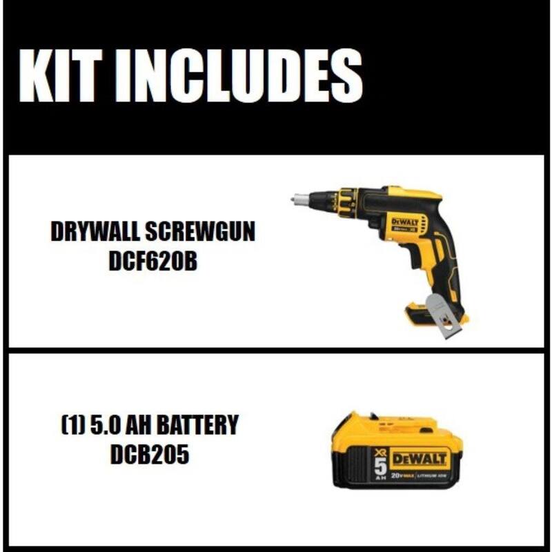 DEWALT 20V MAX Pistola atornilladora para tablaroca sin escobillas inalámbrica y (1) Batería de iones de litio Premium 20V MAX de 5.0Ah - DCF620BW205