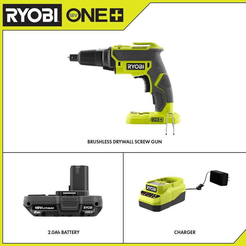 RYOBI ONE+ 18V Taladro Inalámbrico para Tablaroca con Motor sin Escobillas, Batería de 2.0 Ah y Cargador - P225-PSK005