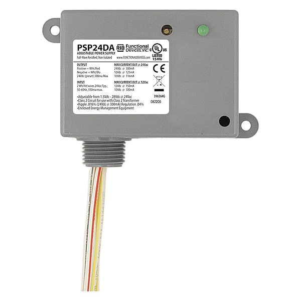 Functional Devices-Rib Enclosed Linear DC Power Supply, 24V AC, 1.5 to 28V DC, 116 mA, 125 mA, 300 mA - PSP24DA