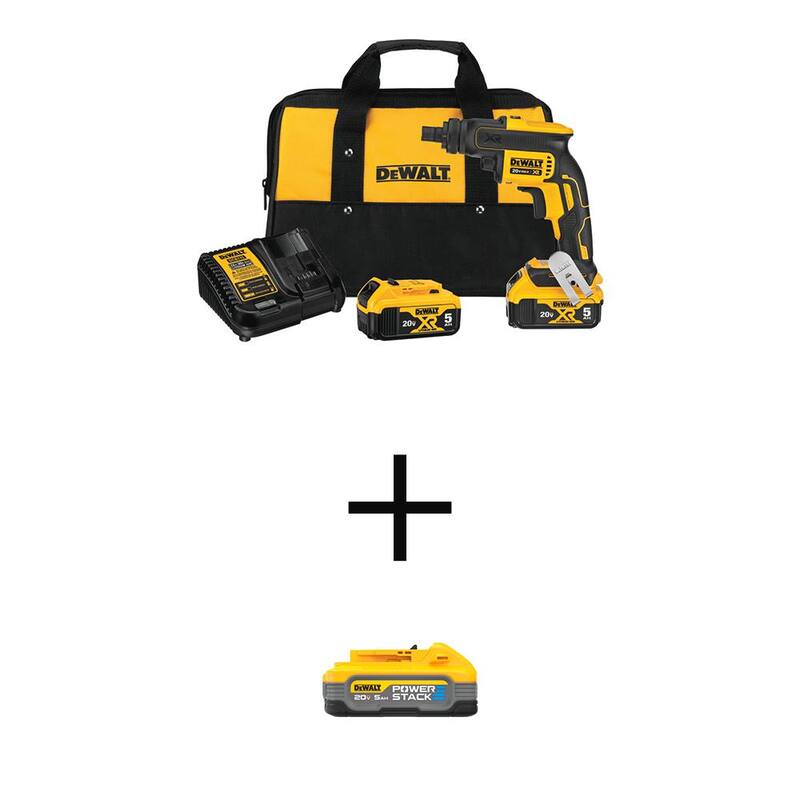 DEWALT 20V MAX XR Pistola de tornillos para tablaroca inalámbrica con embrague roscado de carcasa y POWERSTACK 5Ah & (2) 5Ah Baterías y Cargador - DCF624P2WCBP520