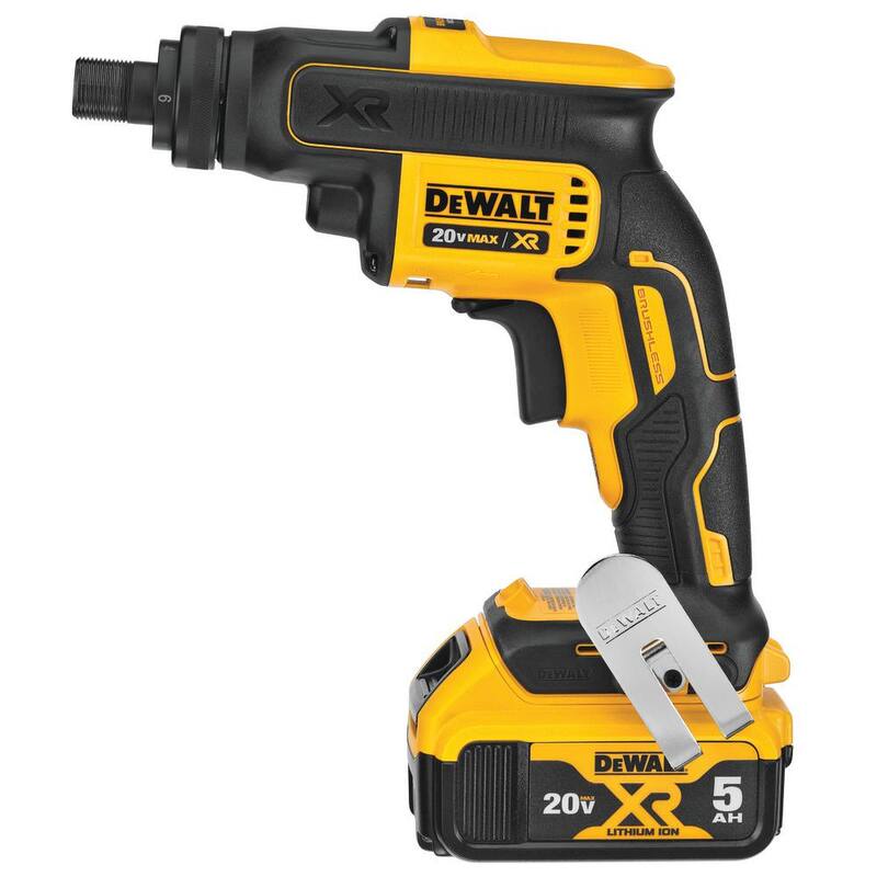 DEWALT 20V MAX XR Pistola de tornillos para tablaroca inalámbrica con embrague roscado de carcasa y POWERSTACK 5Ah & (2) 5Ah Baterías y Cargador - DCF624P2WCBP520