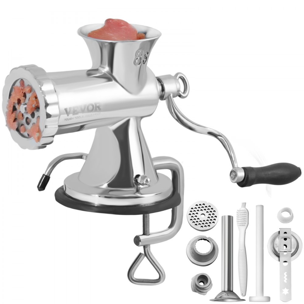 VEVOR Manual Meat Grinder, 304 Stainless Steel Hand Meat Grinder with Suction Cup + Steel Table Clamp, Meat Mincer Sausage Maker & 2 Cutting Plates, Sausage Tube, Grinding Head for Beef Pepper Cookie - BXGSDJRJYS305W7U7V0