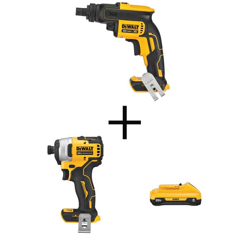 Destornillador inalámbrico Dewalt de 20V Brushless para tablaroca, Destornillador de Impacto Compacto de 1/4 de pulgada ATOMIC de 20V y Batería compacta de 4.0Ah de 20V MAX - DCF624BW809B240