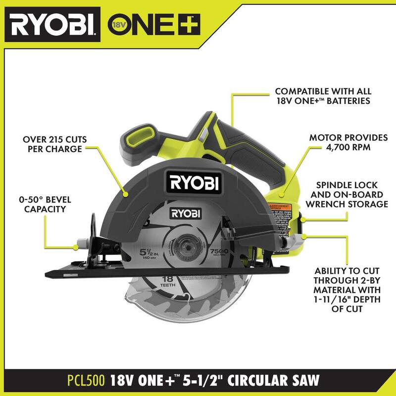 RYOBI ONE+ 18V Sierra Circular Inalámbrica de 5 1/2 pulgadas (Herramienta Solamente) - PCL500B