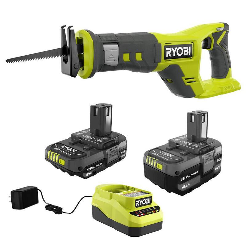 RYOBI ONE+ 18V Batería de iones de litio de 4.0 Ah, batería de 2.0 Ah y kit de cargador con Sierra de Sable Inalámbrica ONE+ - PCL515B-PSK106SB