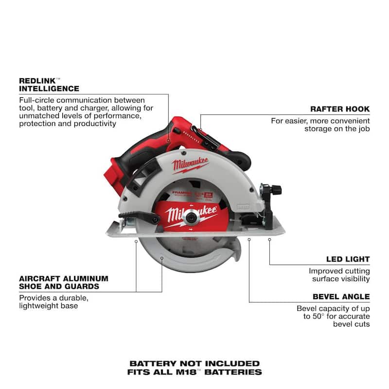 Sierra circular inalámbrica Milwaukee M18 18V de ion de litio sin escobillas de 7-1/4 pulgadas (solo herramienta) - 2631-20