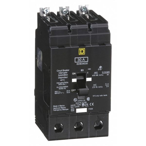 Square D Miniature Circuit Breaker, EDB Series, 30A, 3 Pole, 277/480V AC, 25kA at 120V AC - EDB34030