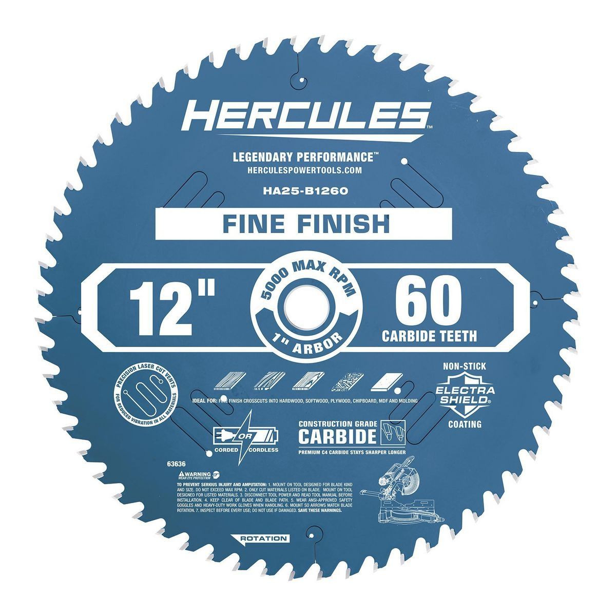 Hércules 12 pulgadas, 60 dientes Hoja de Sierra de inglete para acabados finos - 63636