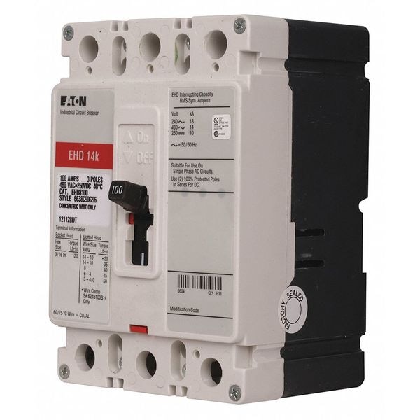 Eaton Molded Case Circuit Breaker, EHD Series, 60A, 3 Pole, 480V AC, 18kA at 240V AC - EHD3060