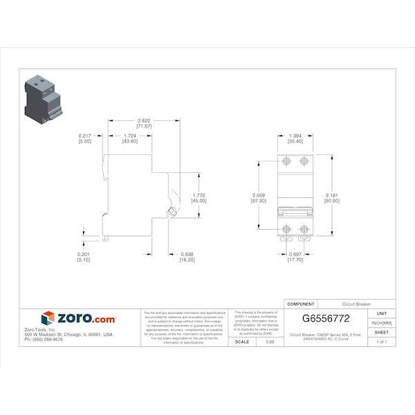 Schneider Electric Miniature Circuit Breaker, C60SP Series, 32A, 2 Pole, 240/415/440V AC, 14kA at 240V AC, C Curve - M9F22232