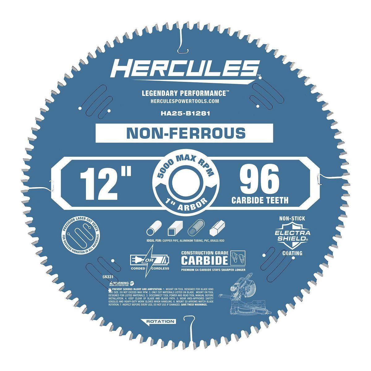 Hoja de sierra ingletadora Hercules de 12 pulgadas, 96 dientes para corte de laminado/plásticos/metales no ferrosos - 56331