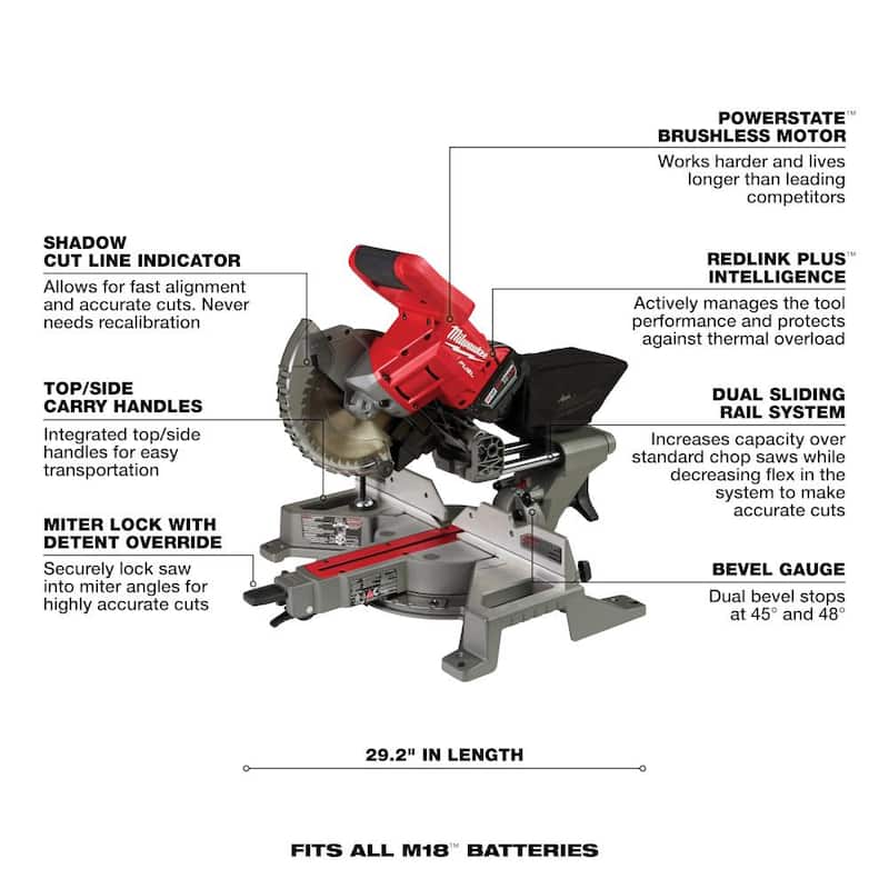 Sierra ingleteadora compuesta deslizante de bisel doble sin escobillas Milwaukee M18 FUEL 18V de 7-1/4 pulgadas de iones de litio inalámbrica (herramienta única) - 2733-20