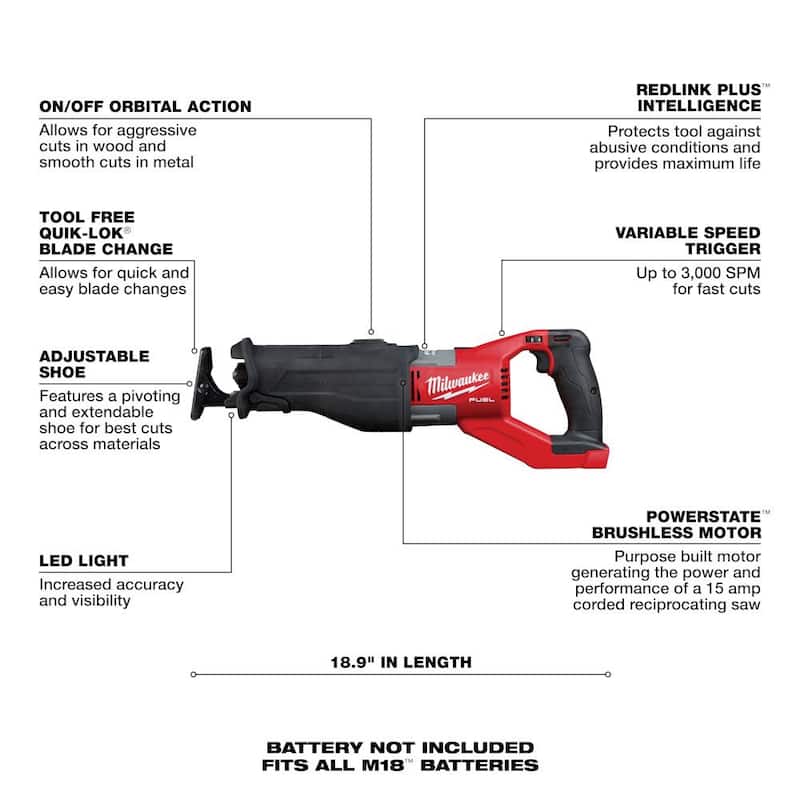 Milwaukee M18 FUEL 18V Sierra alternativa recíproca orbital inalámbrica sin escobillas Super SAWZALL de iones de litio (solo herramienta) - 2722-20