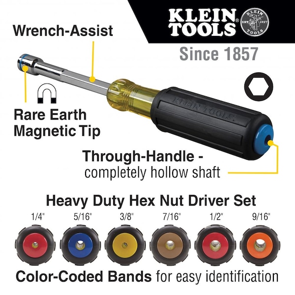 Klein Tools Nut Driver Set, Magnetic Nut Drivers, Heavy Duty, 6-Piece - 635-6