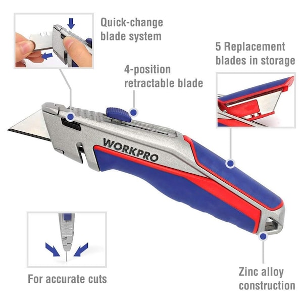 Prime-Line WORKPRO W013029 Quick Change Retractable Utility Knife, SK5 Blades, Tempered Single Pack - W013029