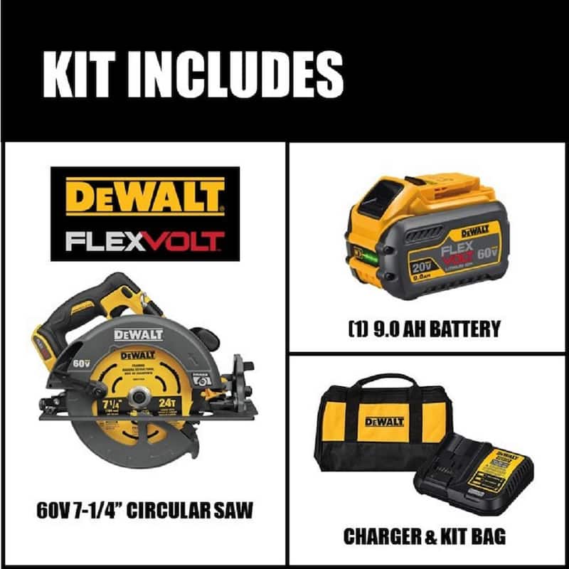 Sierra circular inalámbrica DEWALT FLEXVOLT 60V MAX sin escobillas de 7-1/4 pulgadas estilo Sidewinder con freno con (1) batería FLEXVOLT de 9.0Ah - DCS578X1