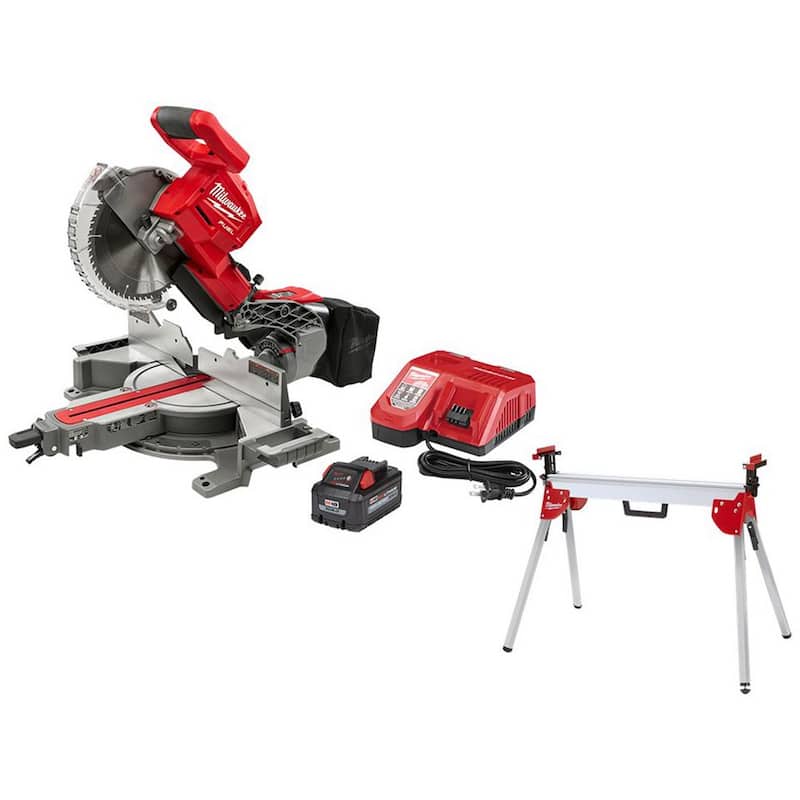 Sierra ingleteadora compuesta deslizante de doble bisel Milwaukee M18 FUEL de 18V de ion de litio sin escobillas de 10 pulgadas con base para sierra ingleteadora - 2734-21-48-08-0551