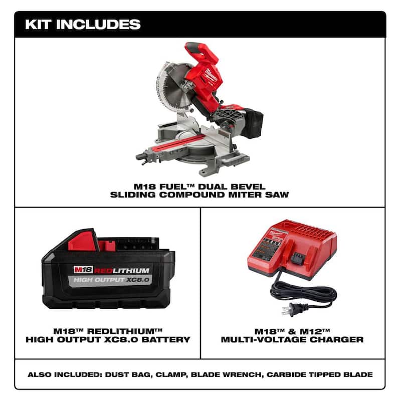 Sierra ingleteadora compuesta deslizante de doble bisel Milwaukee M18 FUEL de 18V de ion de litio sin escobillas de 10 pulgadas con base para sierra ingleteadora - 2734-21-48-08-0551