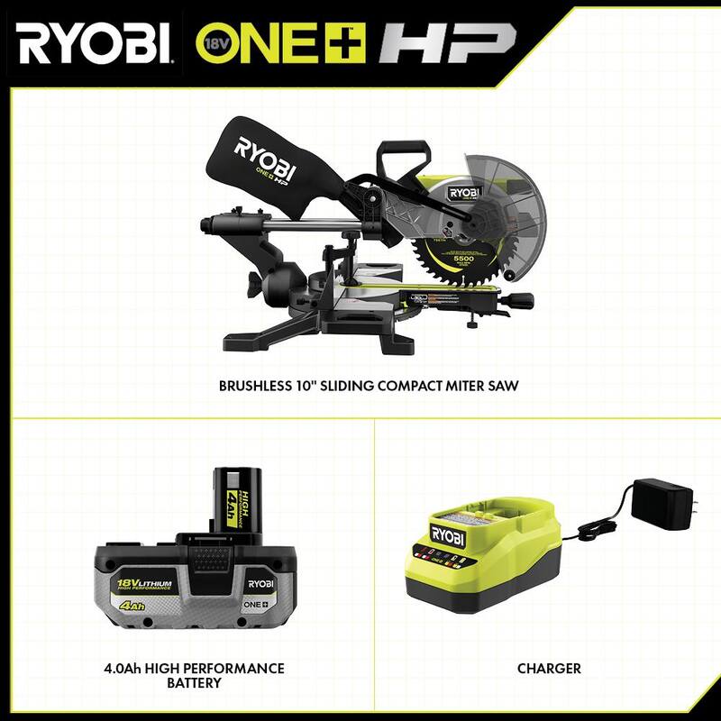 Sierra ingleteadora compuesta deslizante inalámbrica sin escobillas RYOBI ONE+ HP de 18 V de 10 pulgadas con batería de alto rendimiento de 4.0 Ah y cargador - PBLMS01K