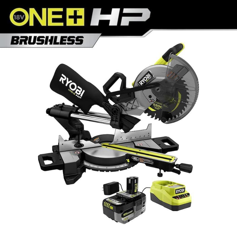 Sierra ingleteadora compuesta deslizante inalámbrica sin escobillas RYOBI ONE+ HP de 18 V de 10 pulgadas con batería de alto rendimiento de 4.0 Ah y cargador - PBLMS01K
