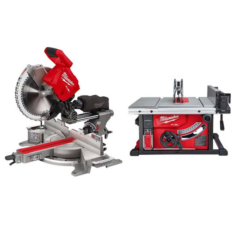 Sierra ingleteadora compuesta deslizante inalámbrica Milwaukee M18 FUEL de 18V con batería de iones de litio sin escobillas de 12 pulgadas y sierra de mesa de 8-1/4 pulgadas - 2739-20-2736-20