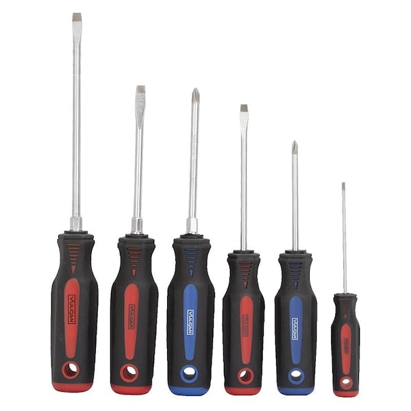 Vulcan Screwdriver Set, 6-Piece, Chrome Vanadium Steel, Chrome, Black & Blue/Black & Red Handle - SD-SET-6