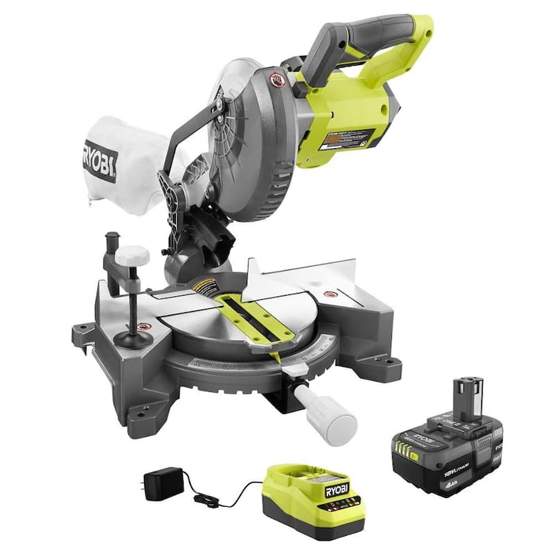 Sierra ingletadora compuesta inalámbrica RYOBI 18V ONE+ de 7-1/4 pulgadas con batería de iones de litio de 4.0 Ah y cargador de 18V - P553KN.