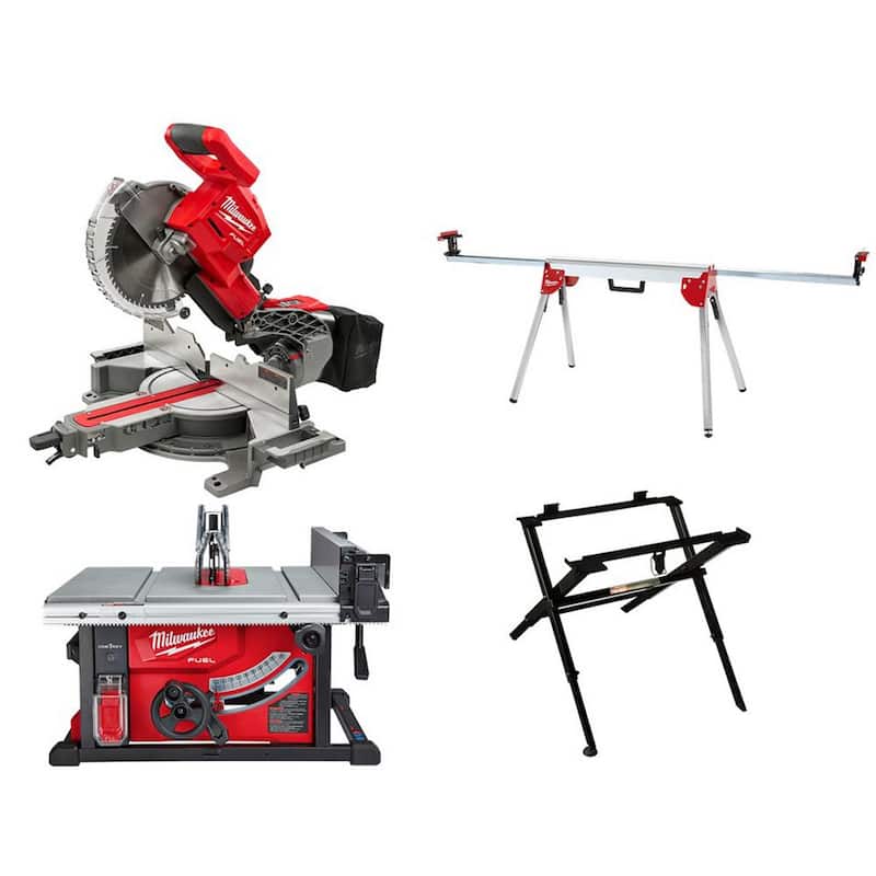 Sierra de mesa inalámbrica sin escobillas de 18 voltios Milwaukee M18 FUEL ONE-KEY de 8-1/4 pulg. con soporte y sierra ingletadora de 10 pulg. con soporte - 2736-20-2734-20-48-08-0561-48-08-0551.