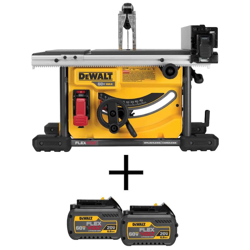 Sierra de mesa DEWALT FLEXVOLT 60V MAX inalámbrica y sin escobillas de 8-1/4 pulgadas y kit de (2) baterías FLEXVOLT 6.0Ah - DCS7485W6062