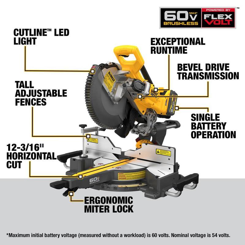 Sierra ingleteadora deslizante inalámbrica DEWALT de 12 pulgadas con batería de 60V de 9.0Ah - DCS781X1