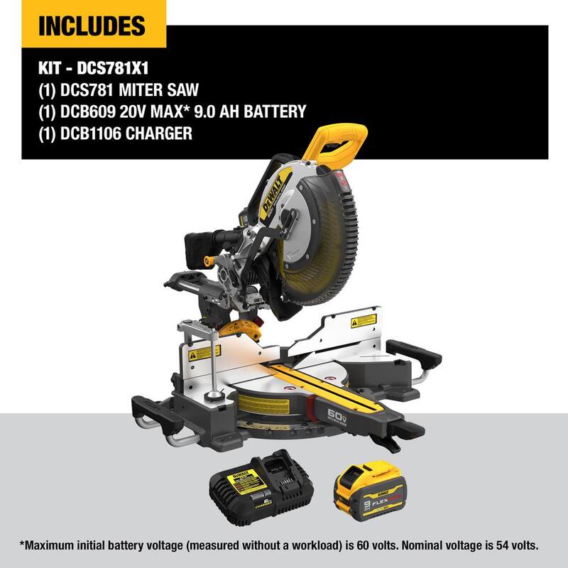 Sierra ingleteadora deslizante inalámbrica DEWALT de 12 pulgadas con batería de 60V de 9.0Ah - DCS781X1