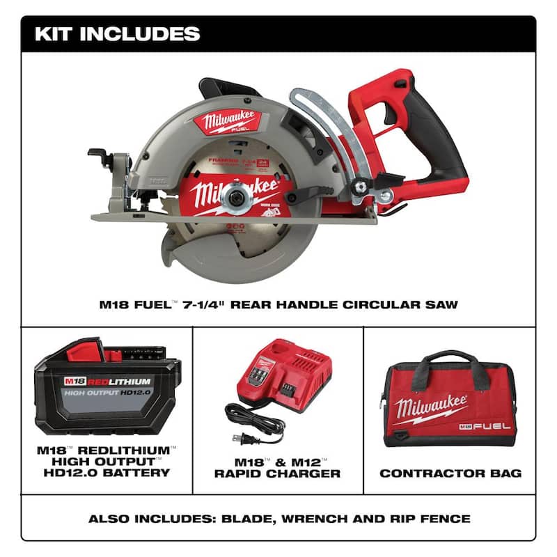Sierra circular inalámbrica Milwaukee M18 FUEL de 18V, 7-1/4 in. con mango trasero, batería de 12.0 Ah y cargador rápido - 2830-21HD.