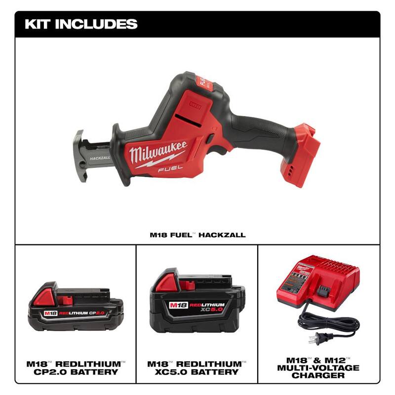 Sierra reciprocante inalámbrica Milwaukee M18 FUEL de 18V de iones de litio con motor sin escobillas HACKZALL con (1) batería de 5.0 Ah, (1) batería de 2.0 Ah y cargador - 2719-20-48-59-1852