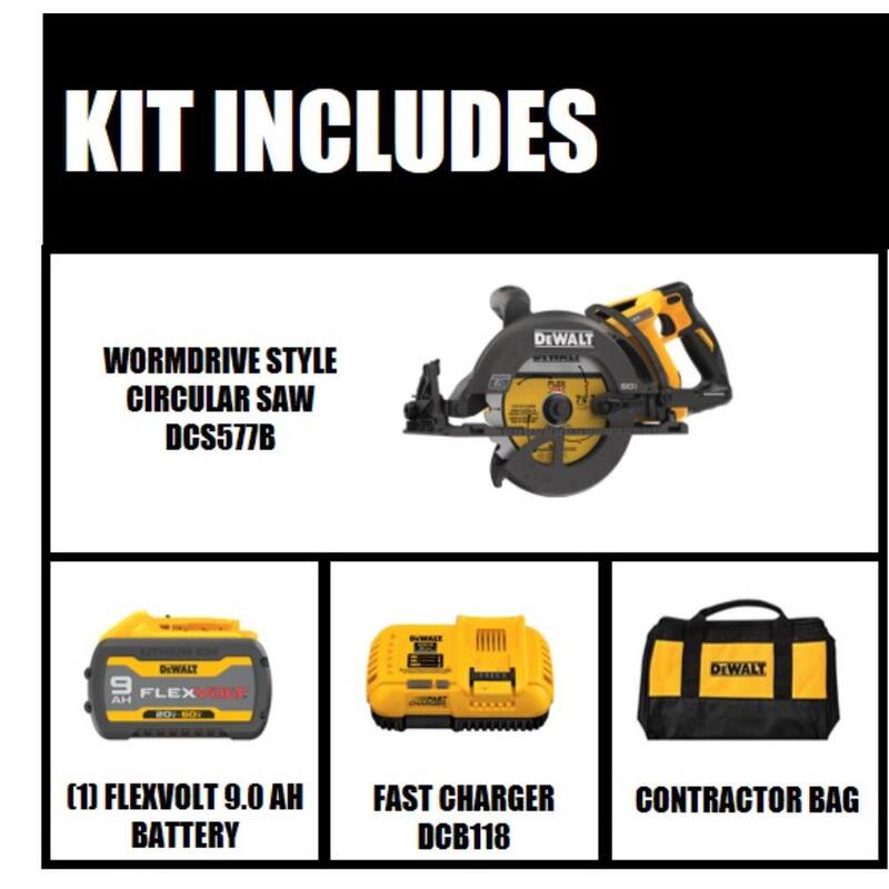 SIERRA DE GUSANO INALÁMBRICA ESTILO DRIVER DE DEWALT FLEXVOLT 60V MAX DE 7-1/4 pulgadas con kit de batería de 9.0Ah - DCS577X1