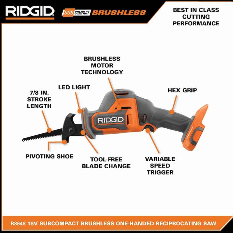 Sierra de sable reciprocante inalámbrica y compacta RIDGID 18V sin escobillas de una mano (Herramienta solamente) - R8648B