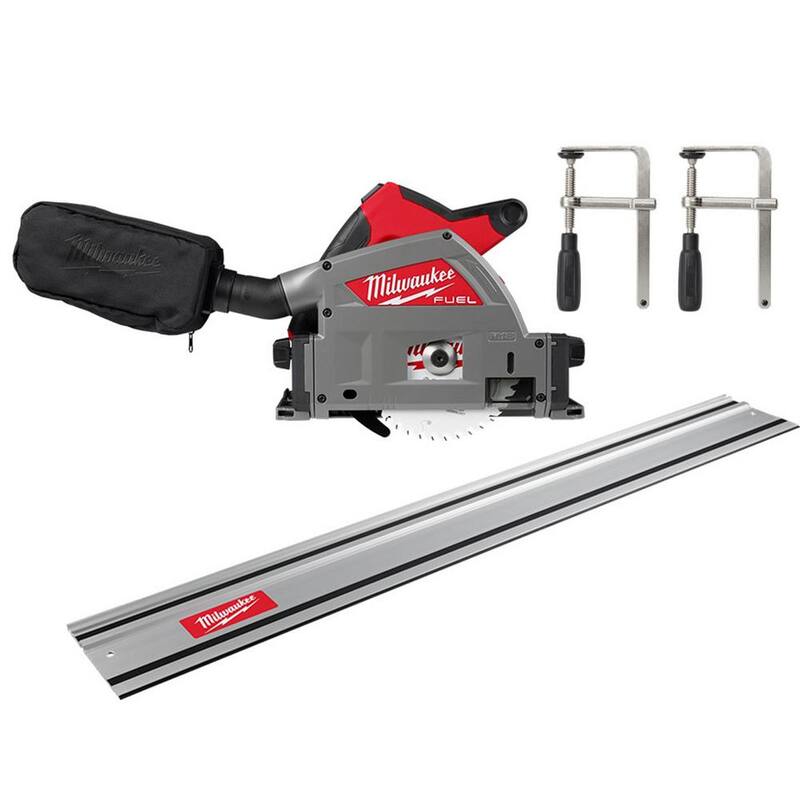 Sierra de inmersión inalámbrica sin escobillas Milwaukee M18 FUEL de 18V con batería de ion de litio de 6-1/2 pulgadas con riel guía de 55 pulgadas y abrazaderas para riel de sierra - 2831-20-48-08-0571-48-08-0573