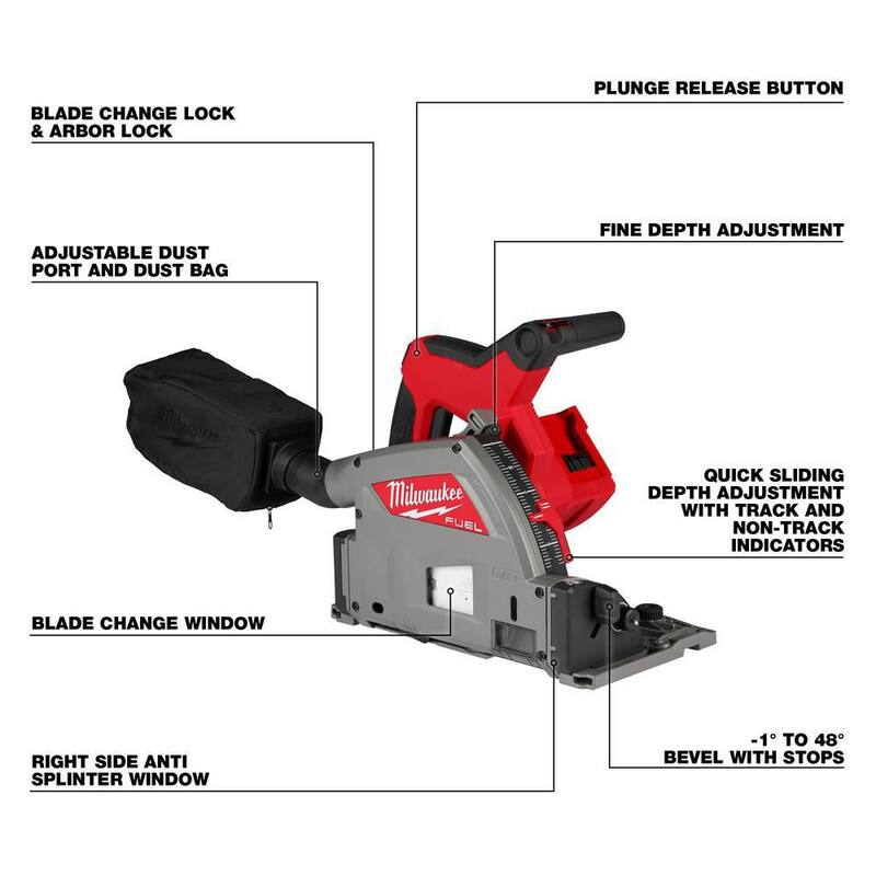 Sierra de inmersión inalámbrica sin escobillas Milwaukee M18 FUEL de 18V con batería de ion de litio de 6-1/2 pulgadas con riel guía de 55 pulgadas y abrazaderas para riel de sierra - 2831-20-48-08-0571-48-08-0573