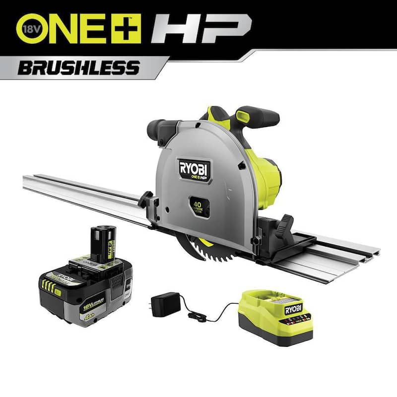 RYOBI ONE+ HP 18V Sierra Circular sin Escobillas Inalámbrica de 6-1/2 pulgadas con Kit de Sierra de Carril con Batería de Alto Rendimiento de 4.0 Ah y Cargador - PTS01K