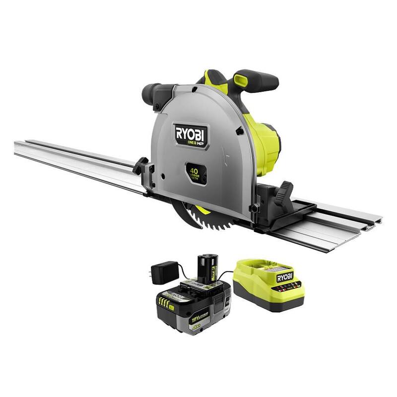 RYOBI ONE+ HP 18V Sierra Circular sin Escobillas Inalámbrica de 6-1/2 pulgadas con Kit de Sierra de Carril con Batería de Alto Rendimiento de 4.0 Ah y Cargador - PTS01K