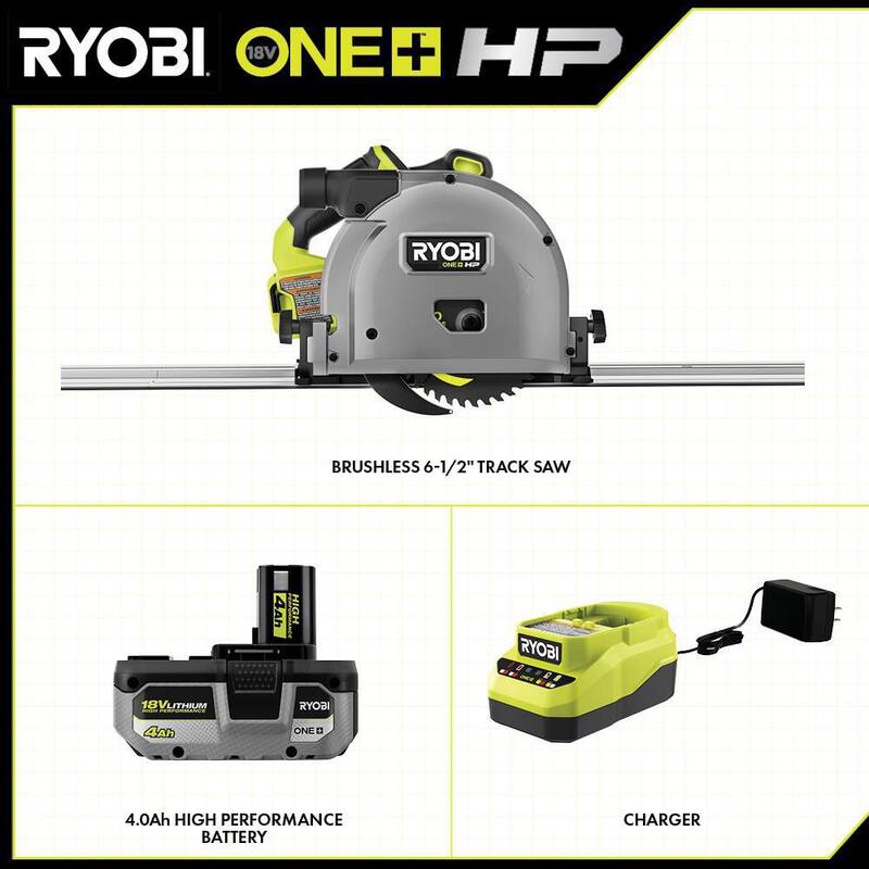 RYOBI ONE+ HP 18V Sierra Circular sin Escobillas Inalámbrica de 6-1/2 pulgadas con Kit de Sierra de Carril con Batería de Alto Rendimiento de 4.0 Ah y Cargador - PTS01K